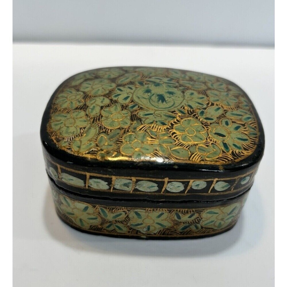 Vtg KASHMIR INDIA Hand Made Trinket Box Paper Mache Lacquer 3” Green Gold Floral